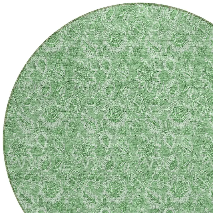 8' Green And Artichoke Green Round Floral Washable Indoor Outdoor Area Rug