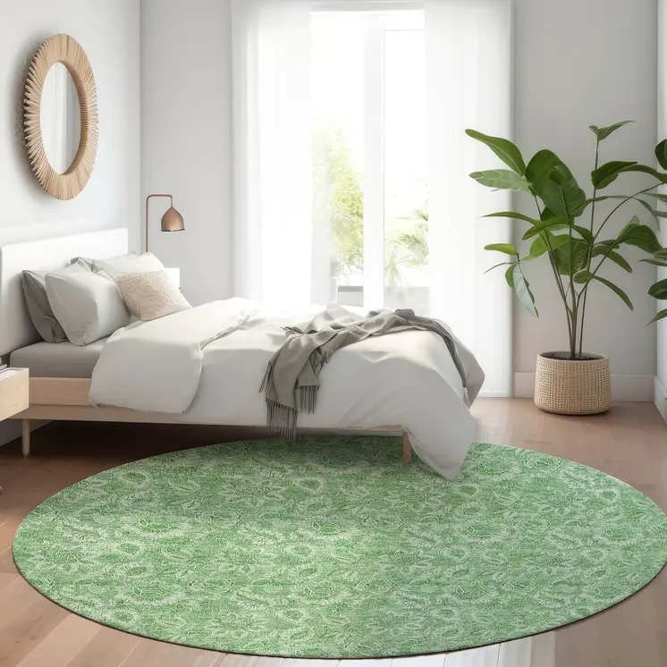 8' Green And Artichoke Green Round Floral Washable Indoor Outdoor Area Rug