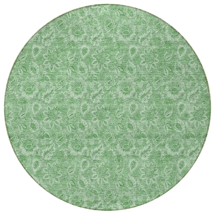 8' Green And Artichoke Green Round Floral Washable Indoor Outdoor Area Rug