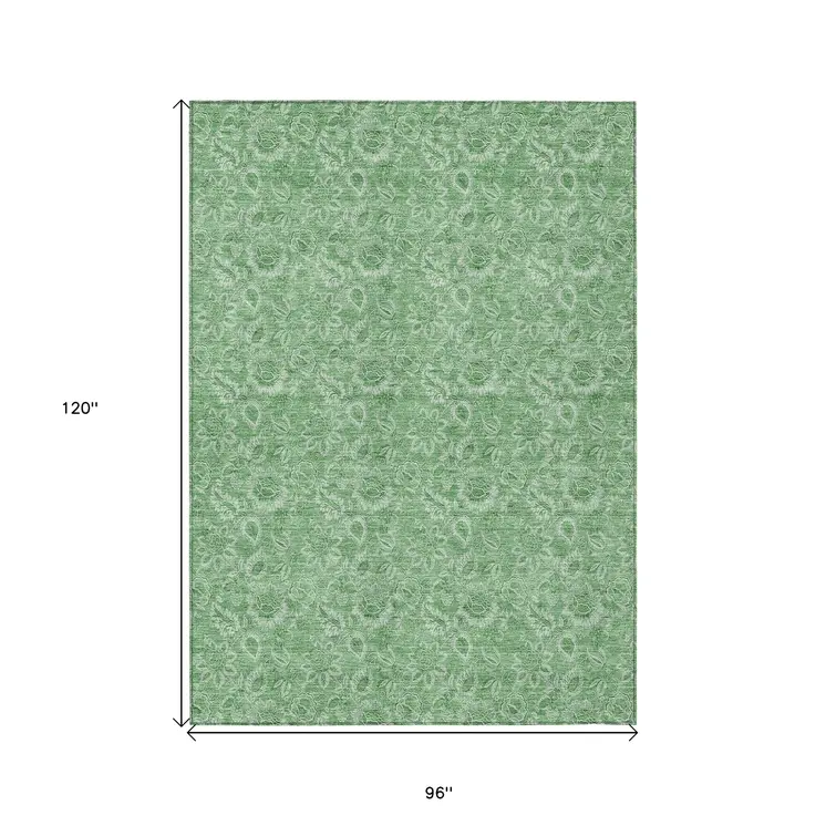 8' X 10' Green And Artichoke Green Floral Washable Indoor Outdoor Area Rug