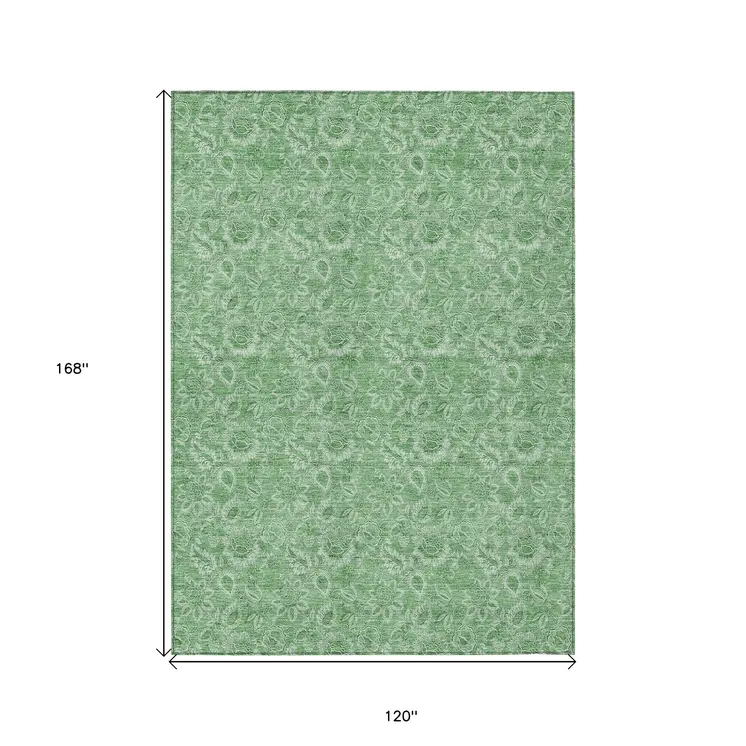 10' X 14' Green And Artichoke Green Floral Washable Indoor Outdoor Area Rug