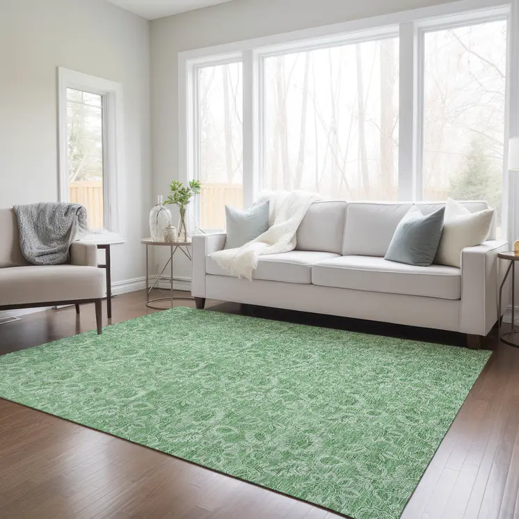10' X 14' Green And Artichoke Green Floral Washable Indoor Outdoor Area Rug