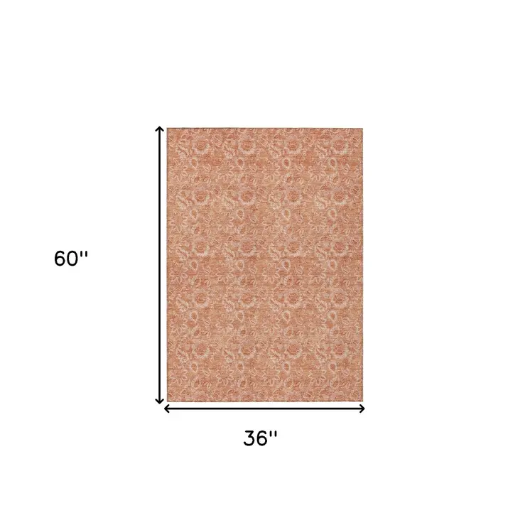 3' X 5' Salmon And Copper Floral Washable Indoor Outdoor Area Rug