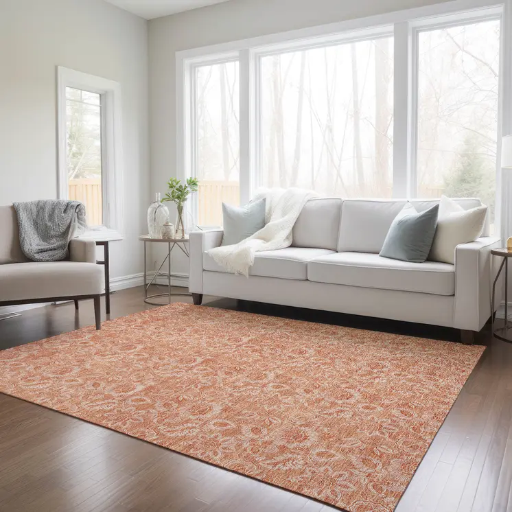 3' X 5' Salmon And Copper Floral Washable Indoor Outdoor Area Rug