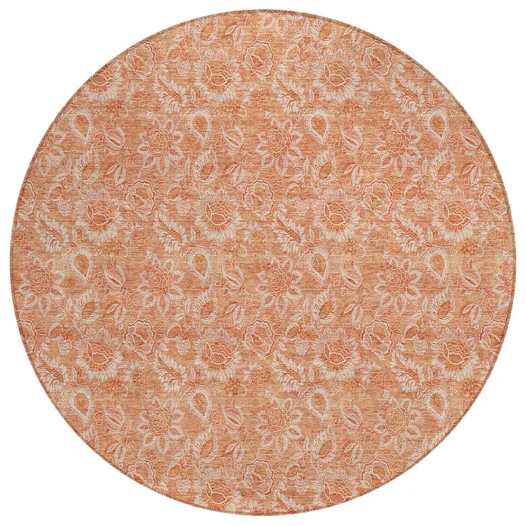 8' Salmon And Copper Round Floral Washable Indoor Outdoor Area Rug