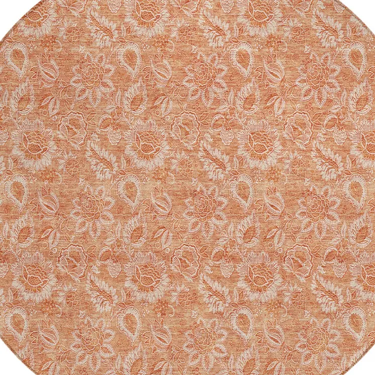 8' Salmon And Copper Round Floral Washable Indoor Outdoor Area Rug