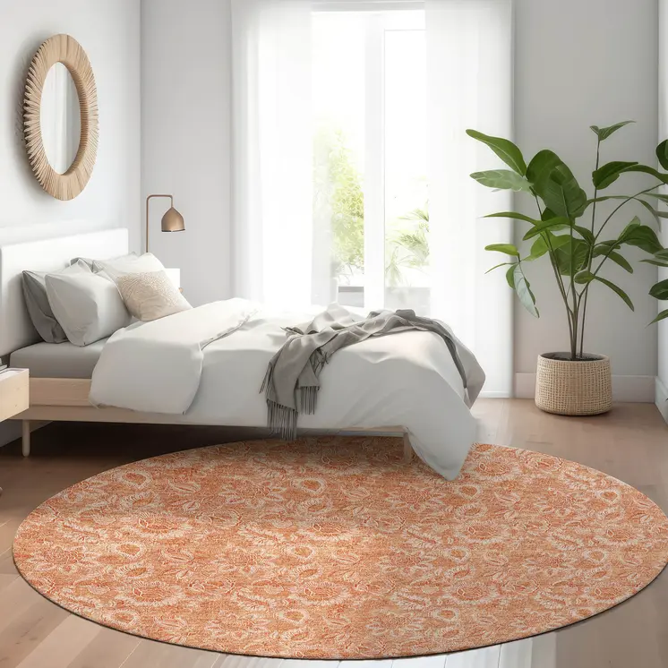 8' Salmon And Copper Round Floral Washable Indoor Outdoor Area Rug