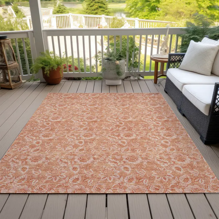 8' X 10' Salmon And Copper Floral Washable Indoor Outdoor Area Rug
