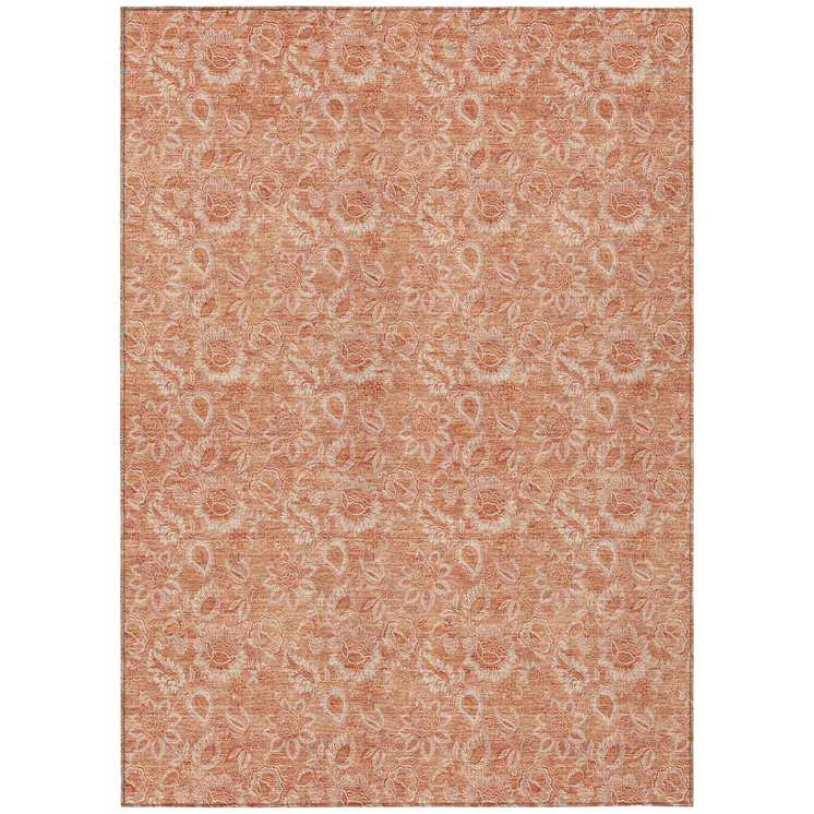 8' X 10' Salmon And Copper Floral Washable Indoor Outdoor Area Rug