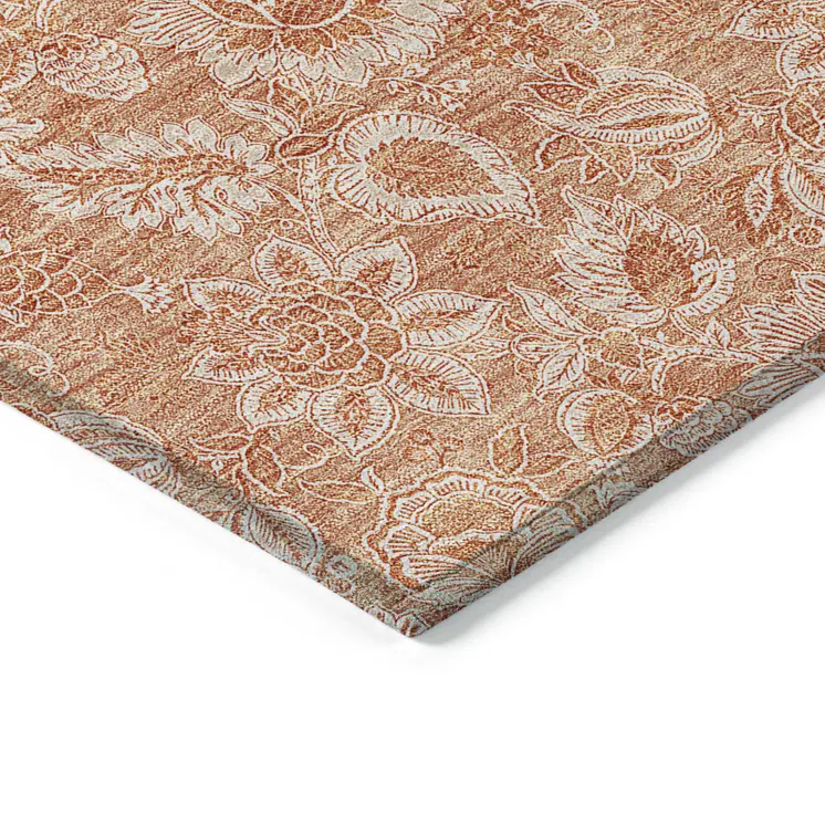 8' X 10' Salmon And Copper Floral Washable Indoor Outdoor Area Rug