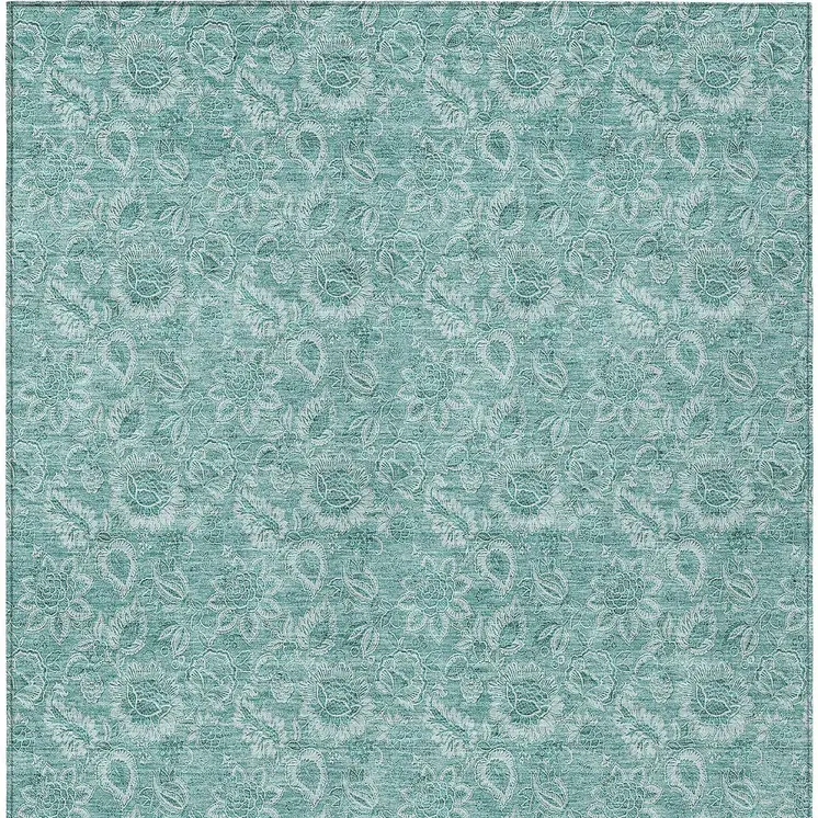3' X 5' Teal Blue And Aqua Floral Washable Indoor Outdoor Area Rug