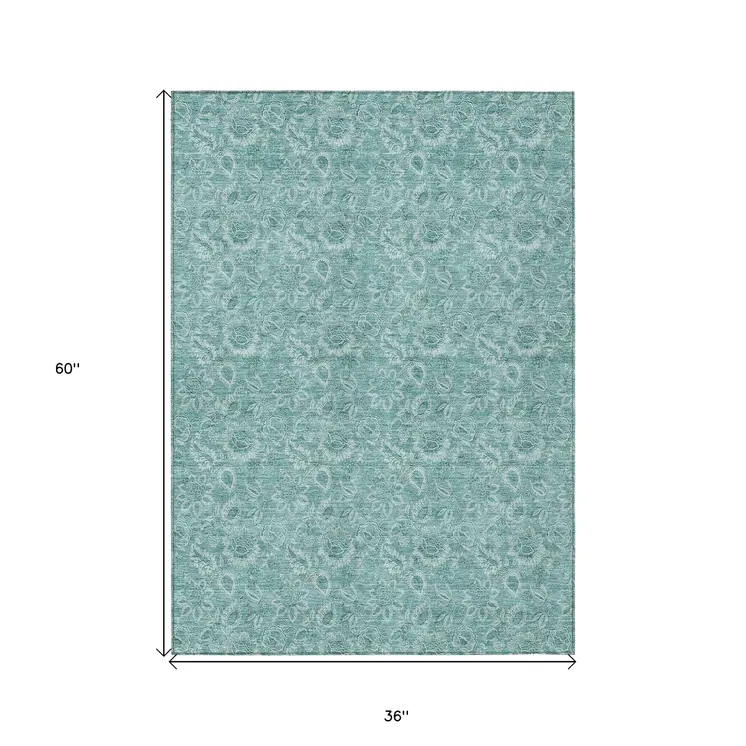 3' X 5' Teal Blue And Aqua Floral Washable Indoor Outdoor Area Rug