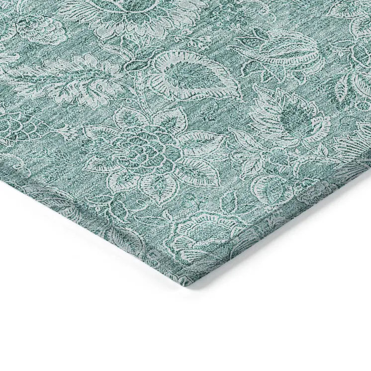 3' X 5' Teal Blue And Aqua Floral Washable Indoor Outdoor Area Rug