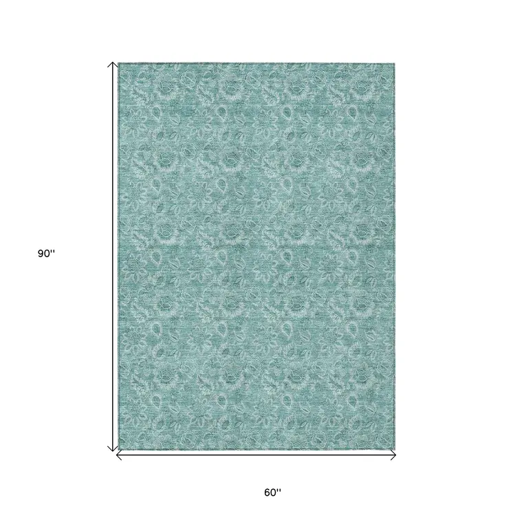 5' X 8' Teal Blue And Aqua Floral Washable Indoor Outdoor Area Rug