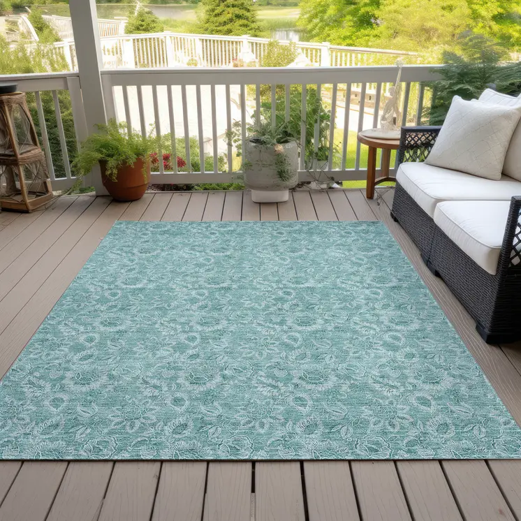 5' X 8' Teal Blue And Aqua Floral Washable Indoor Outdoor Area Rug