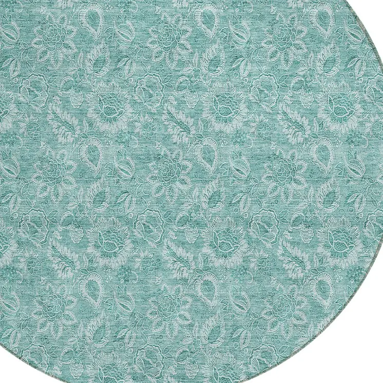 8' Teal Blue And Aqua Round Floral Washable Indoor Outdoor Area Rug