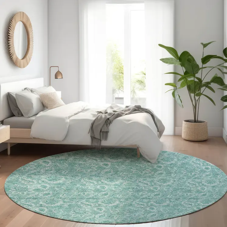 8' Teal Blue And Aqua Round Floral Washable Indoor Outdoor Area Rug