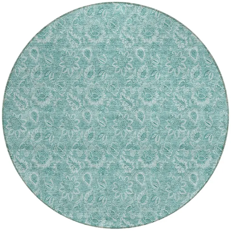 8' Teal Blue And Aqua Round Floral Washable Indoor Outdoor Area Rug