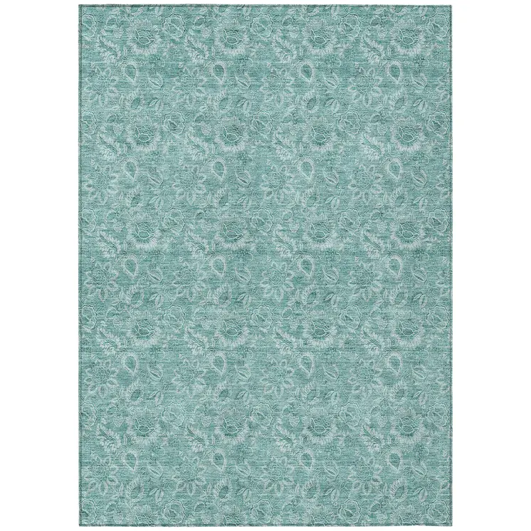 8' X 10' Teal Blue And Aqua Floral Washable Indoor Outdoor Area Rug