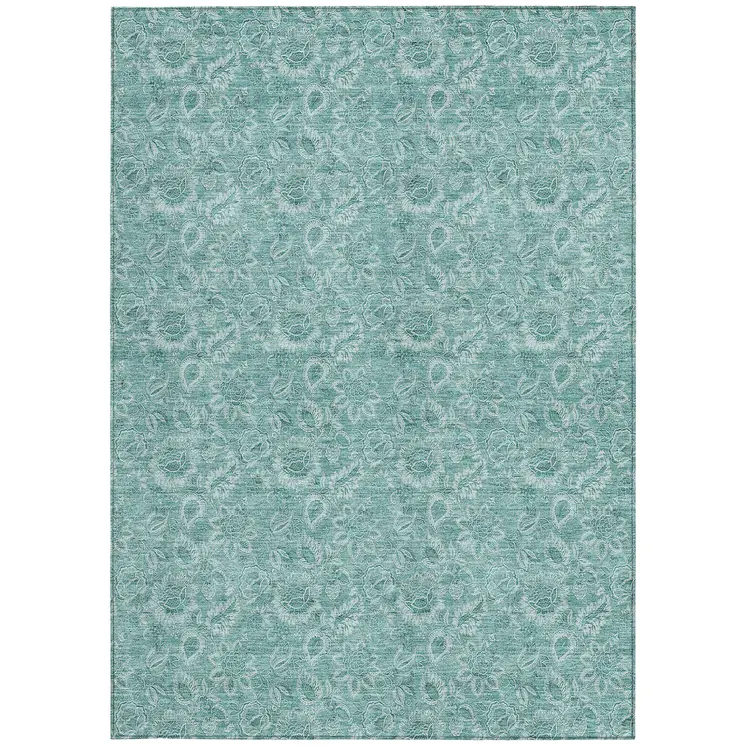 8' X 10' Teal Blue And Aqua Floral Washable Indoor Outdoor Area Rug