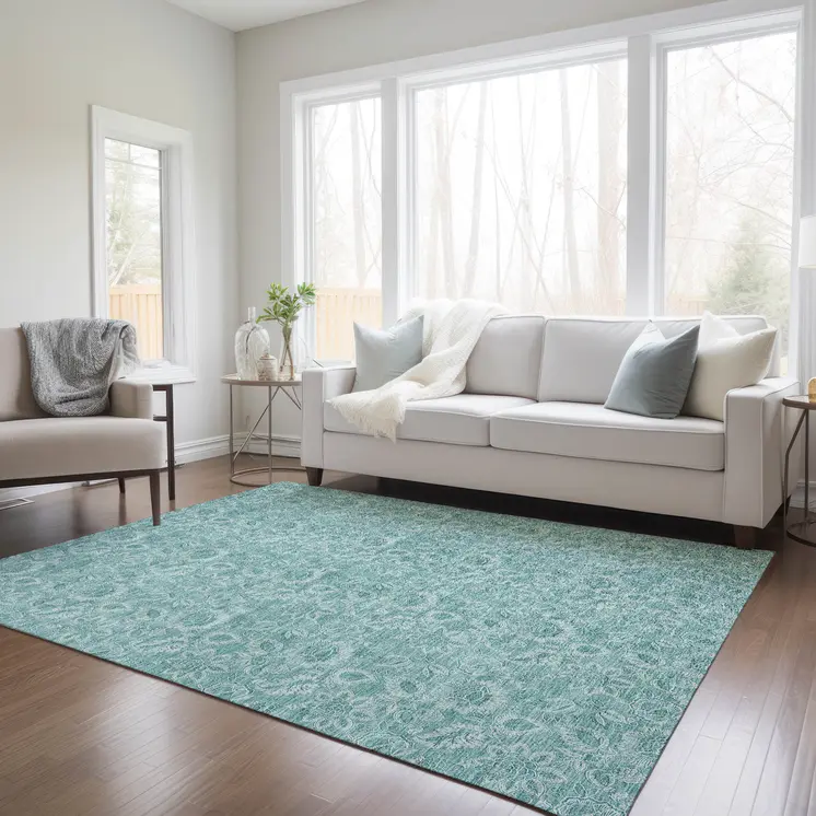 9' X 12' Teal Blue And Aqua Floral Washable Indoor Outdoor Area Rug