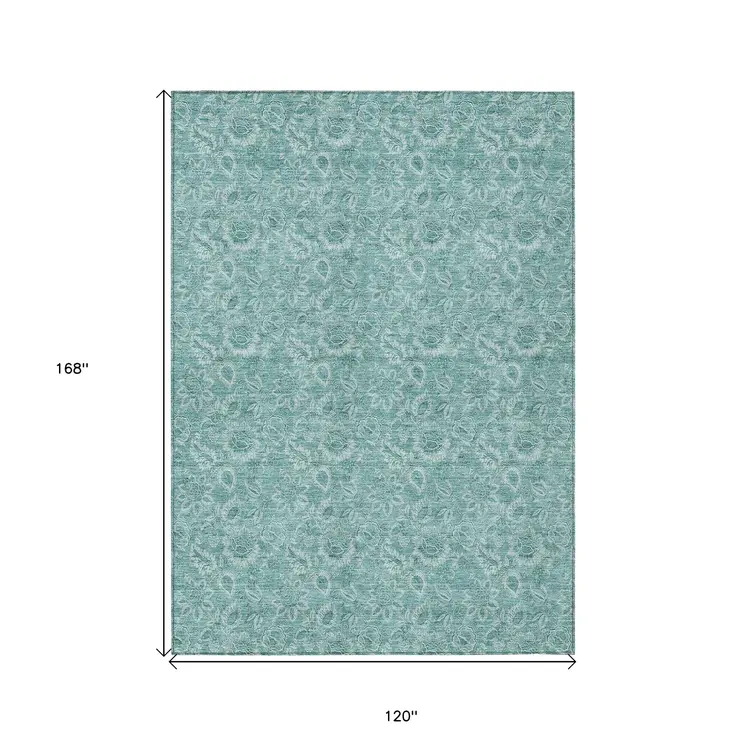 10' X 14' Teal Blue And Aqua Floral Washable Indoor Outdoor Area Rug