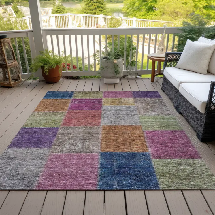 3' X 5' Copper Navy Blue And Gold Patchwork Washable Indoor Outdoor Area Rug