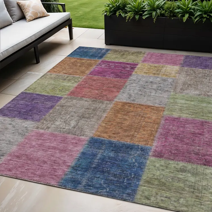 5' X 8' Copper Navy Blue And Gold Patchwork Washable Indoor Outdoor Area Rug