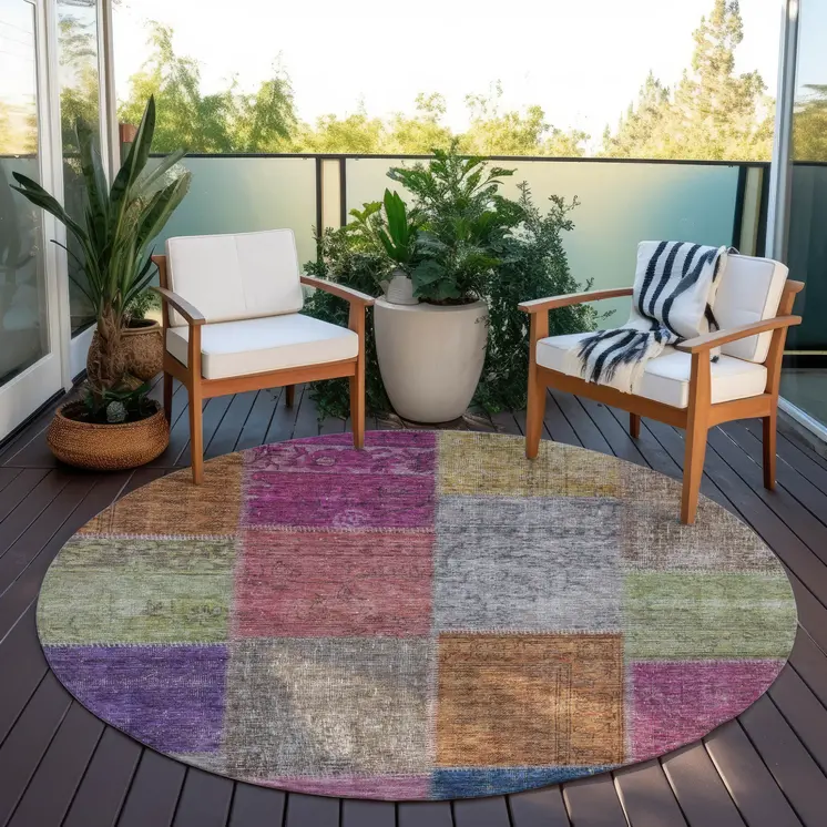 8' Copper Navy Blue And Gold Round Patchwork Washable Indoor Outdoor Area Rug