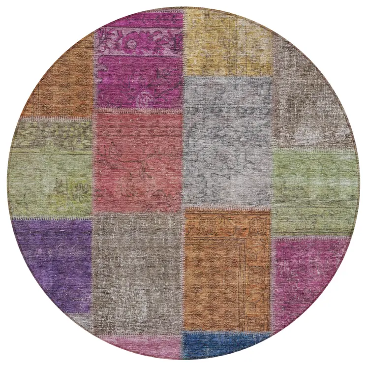 8' Copper Navy Blue And Gold Round Patchwork Washable Indoor Outdoor Area Rug