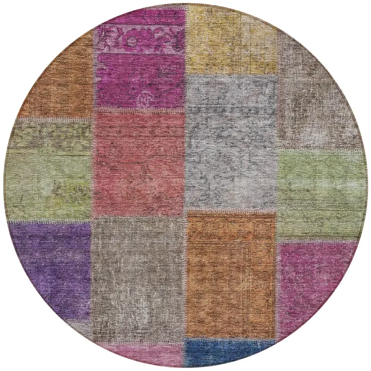 8' Copper Navy Blue And Gold Round Patchwork Washable Indoor Outdoor Area Rug