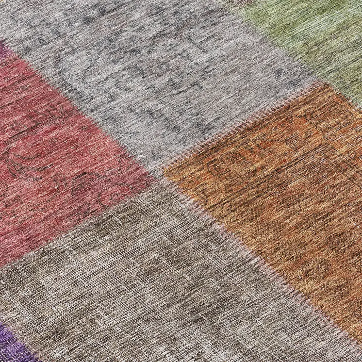8' Copper Navy Blue And Gold Round Patchwork Washable Indoor Outdoor Area Rug