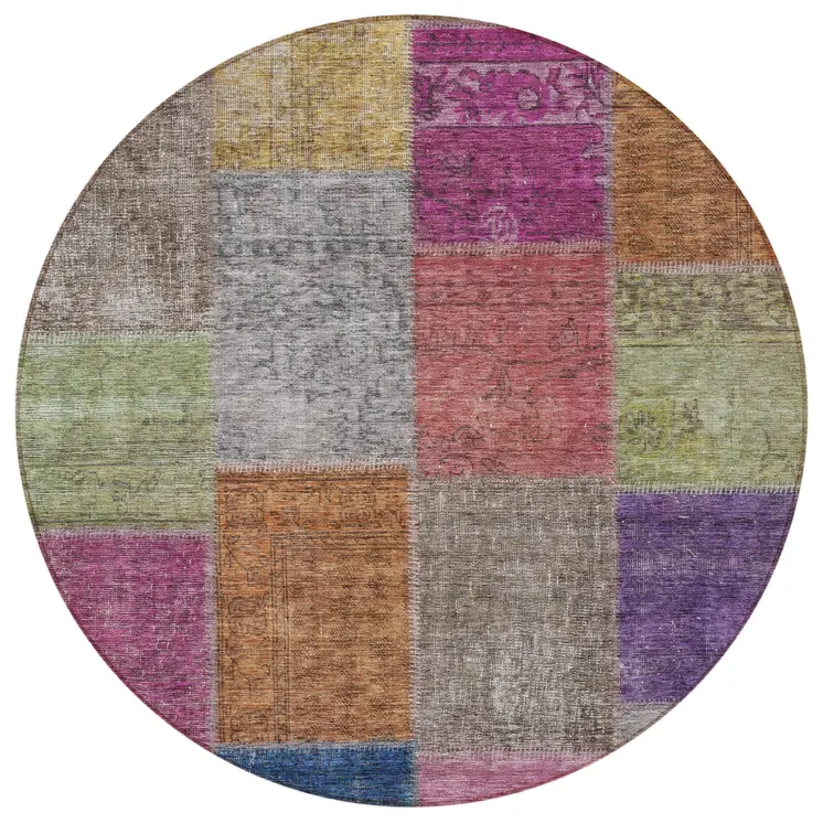 8' Copper Navy Blue And Gold Round Patchwork Washable Indoor Outdoor Area Rug
