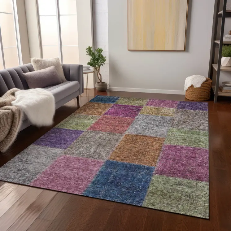 10' X 14' Copper Navy Blue And Gold Patchwork Washable Indoor Outdoor Area Rug