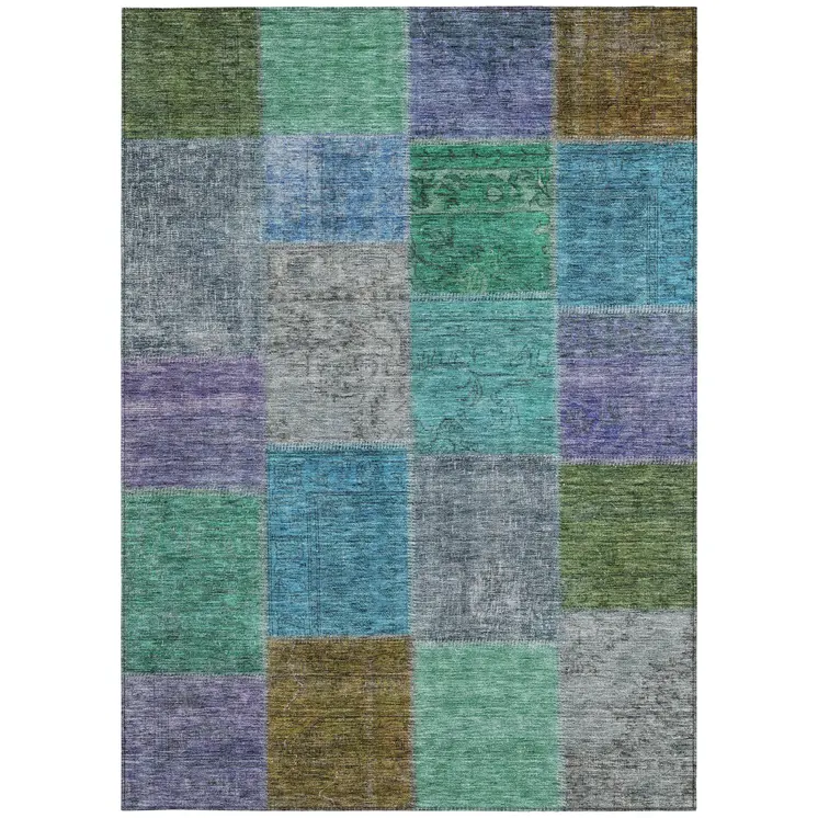 3' X 5' Green Navy Blue And Gray Patchwork Washable Indoor Outdoor Area Rug