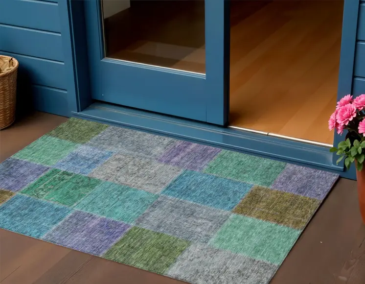 3' X 5' Green Navy Blue And Gray Patchwork Washable Indoor Outdoor Area Rug