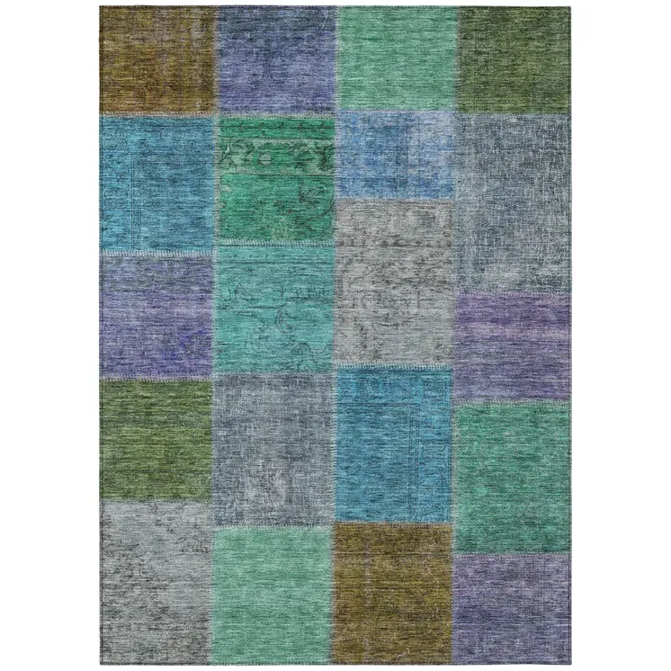 3' X 5' Green Navy Blue And Gray Patchwork Washable Indoor Outdoor Area Rug
