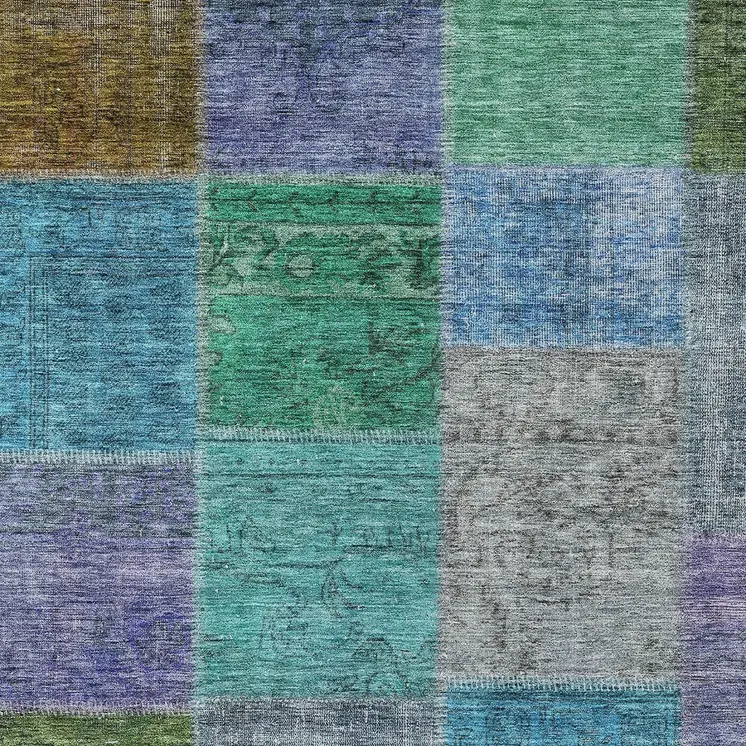3' X 5' Green Navy Blue And Gray Patchwork Washable Indoor Outdoor Area Rug