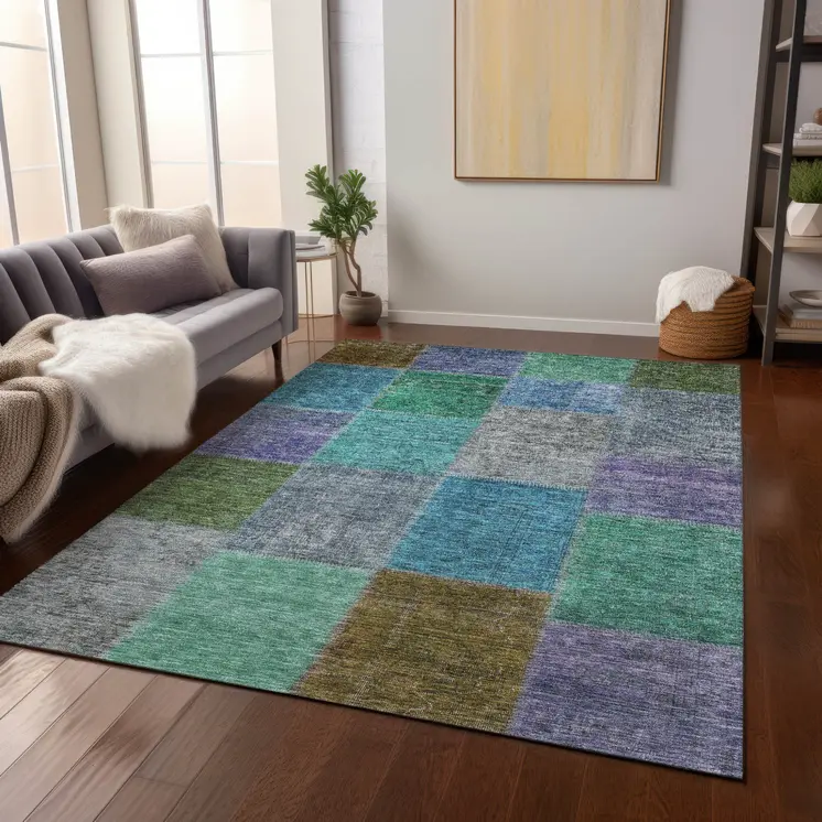 3' X 5' Green Navy Blue And Gray Patchwork Washable Indoor Outdoor Area Rug