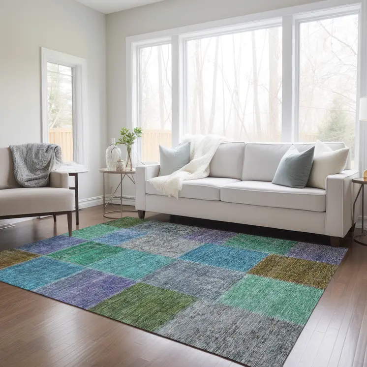 3' X 5' Green Navy Blue And Gray Patchwork Washable Indoor Outdoor Area Rug