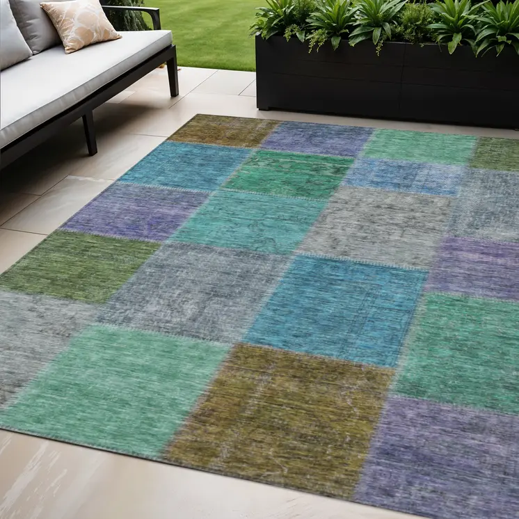5' X 8' Green Navy Blue And Gray Patchwork Washable Indoor Outdoor Area Rug