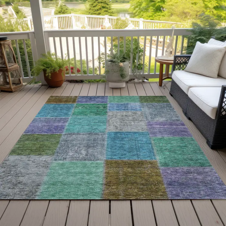5' X 8' Green Navy Blue And Gray Patchwork Washable Indoor Outdoor Area Rug