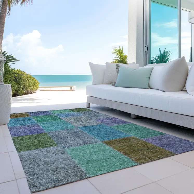 5' X 8' Green Navy Blue And Gray Patchwork Washable Indoor Outdoor Area Rug