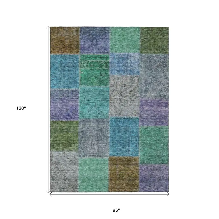 8' X 10' Green Navy Blue And Gray Patchwork Washable Indoor Outdoor Area Rug