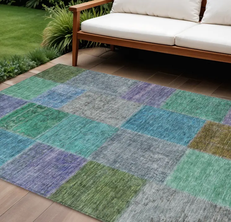 8' X 10' Green Navy Blue And Gray Patchwork Washable Indoor Outdoor Area Rug