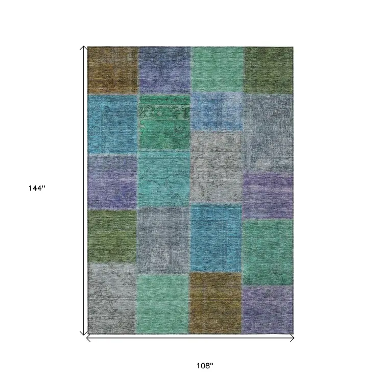 9' X 12' Green Navy Blue And Gray Patchwork Washable Indoor Outdoor Area Rug