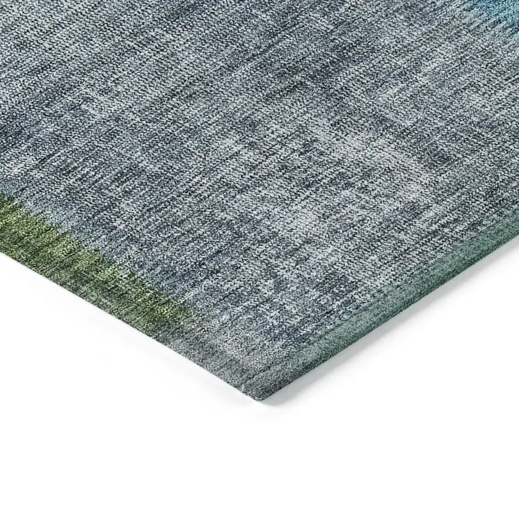 9' X 12' Green Navy Blue And Gray Patchwork Washable Indoor Outdoor Area Rug