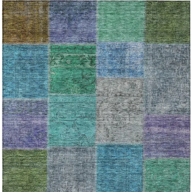 9' X 12' Green Navy Blue And Gray Patchwork Washable Indoor Outdoor Area Rug
