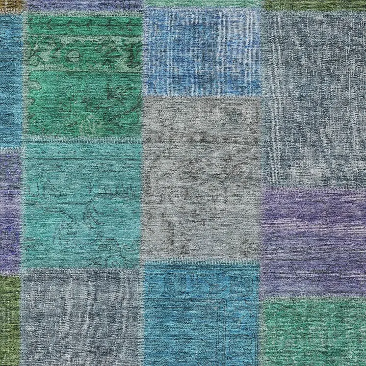 10' X 14' Green Navy Blue And Gray Patchwork Washable Indoor Outdoor Area Rug