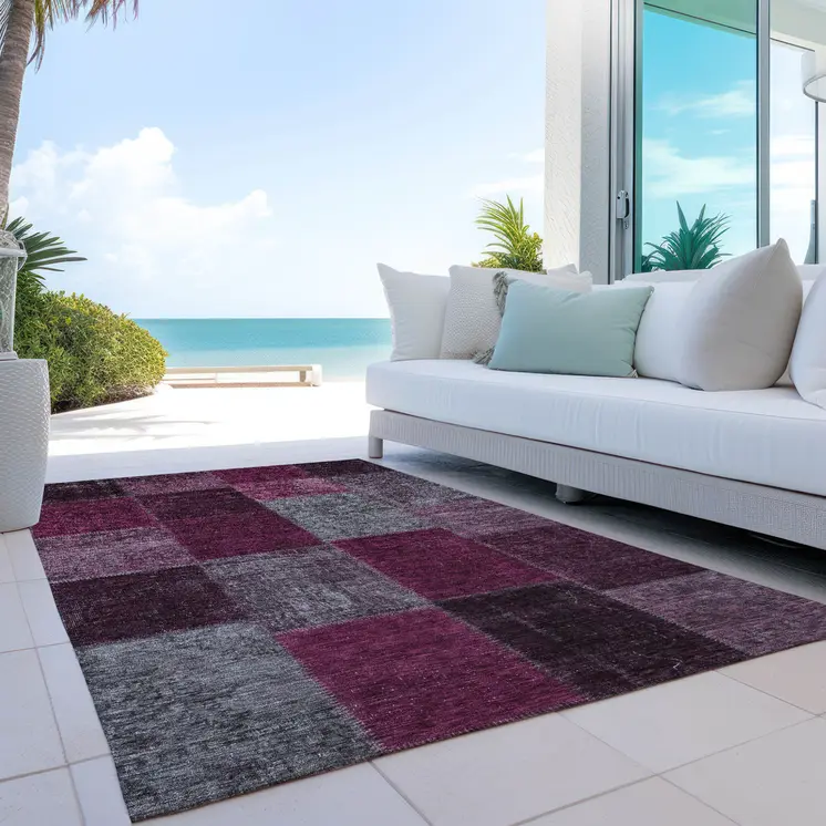 3' X 5' Merlot Burgundy And Gray Patchwork Washable Indoor Outdoor Area Rug